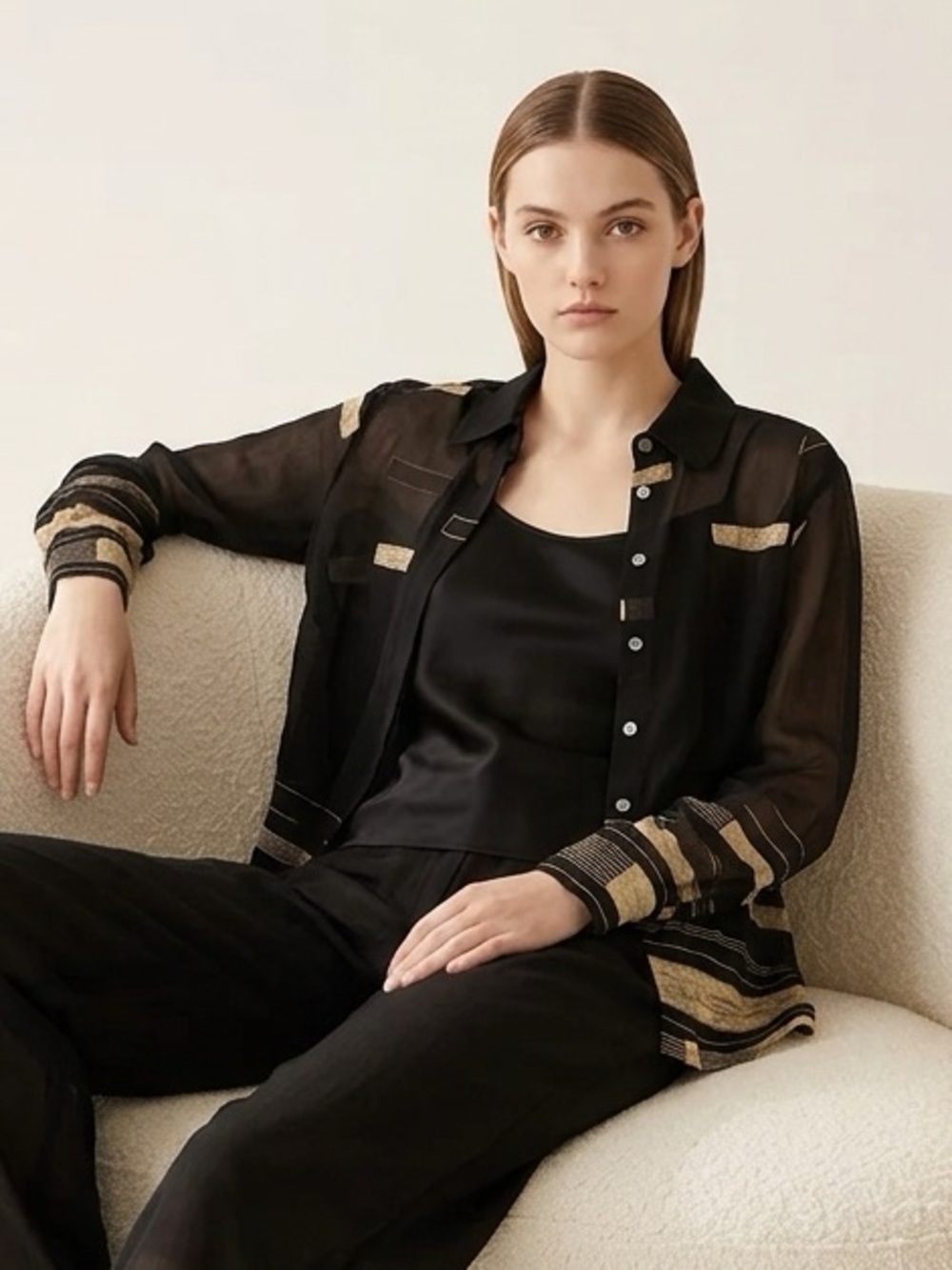 Vintage Jaeger - Black Sheer Button-Down Shirt with Brushstroke Detail